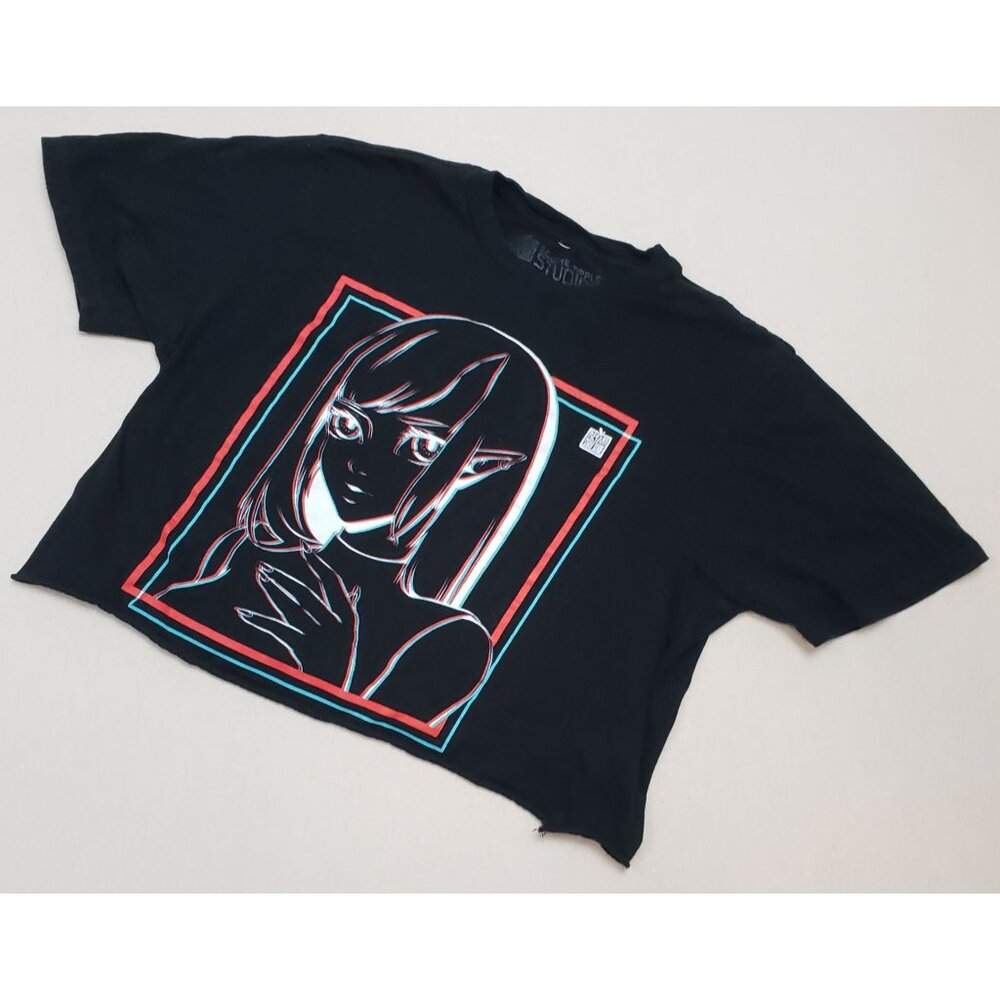 Hot Topic Anime Elf Girl Square Apple Studios Cropped Black T-Shirt Sz M